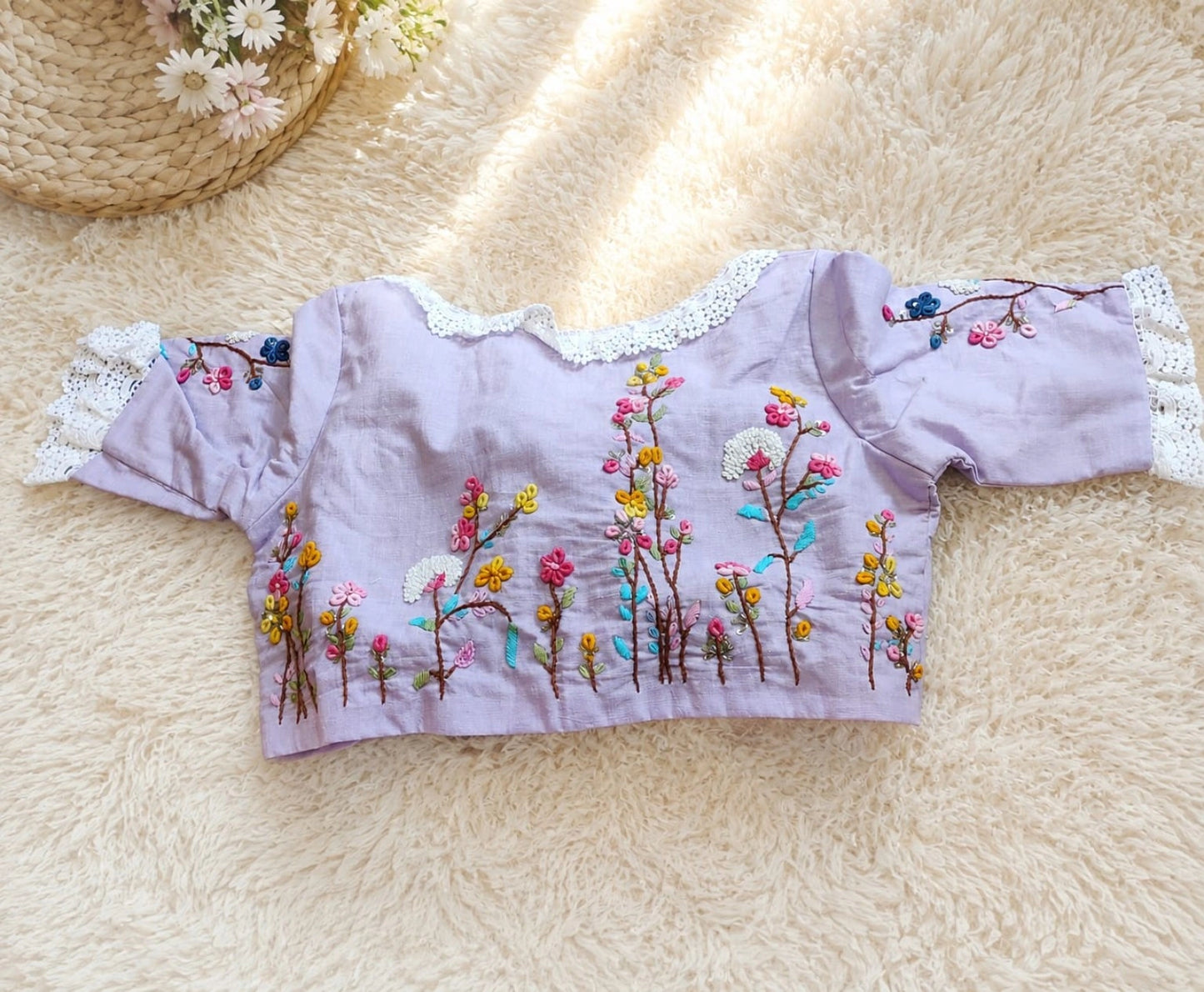 Lilac Pure Cotton Floral Thread Work Blouse with White Lace V-Neck
