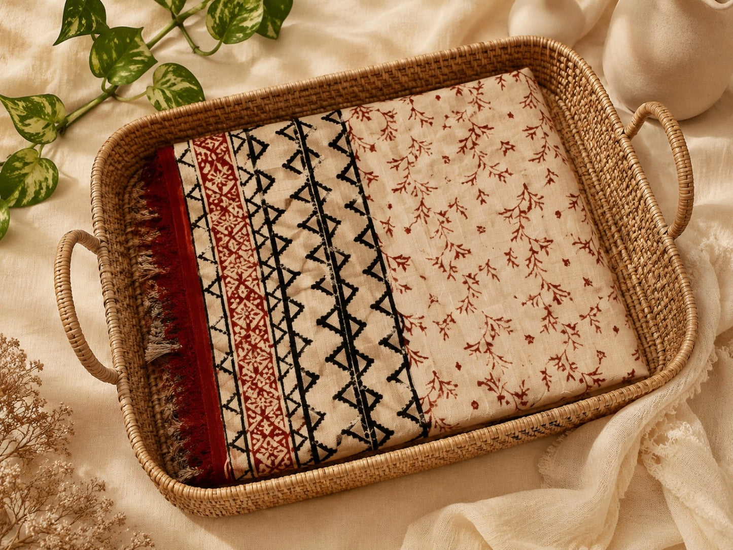 Beige Linen Bagru Print Saree with Tribal Geometric Border & Maroon Accents