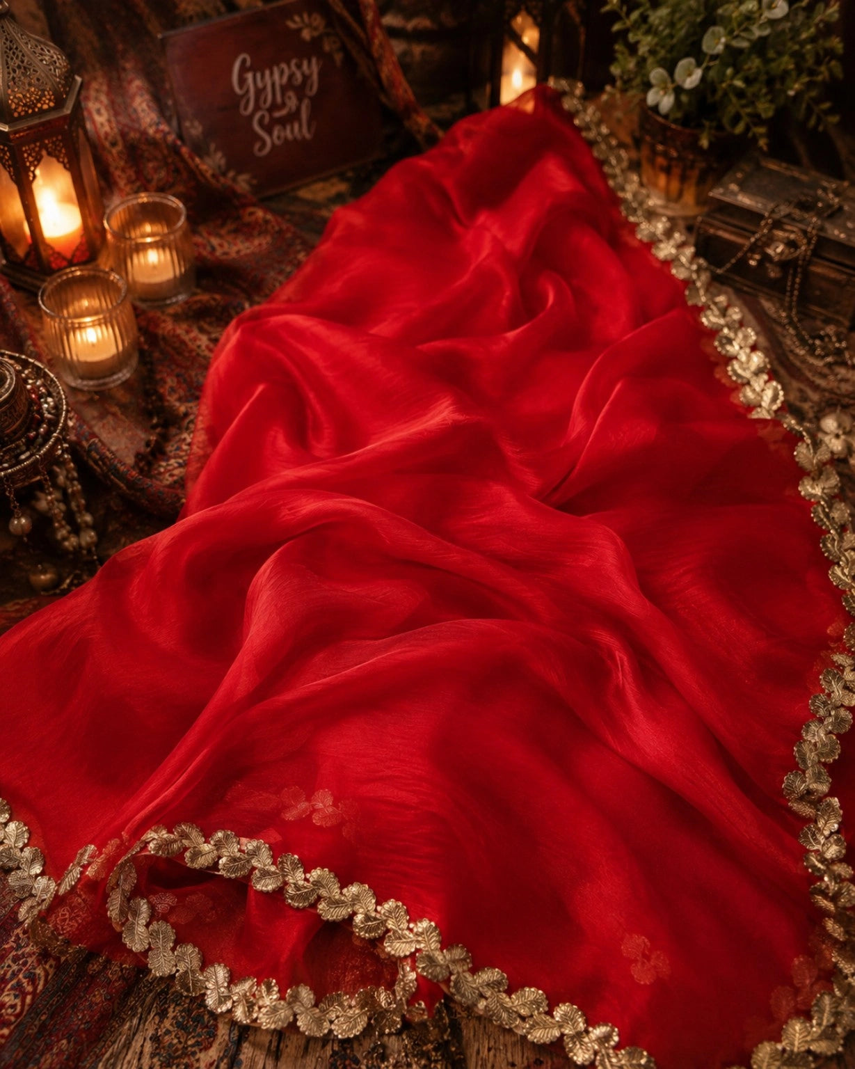 Scarlet Red Fandy Crush Saree with Gold Leaf Lace Border Party Wear Saree