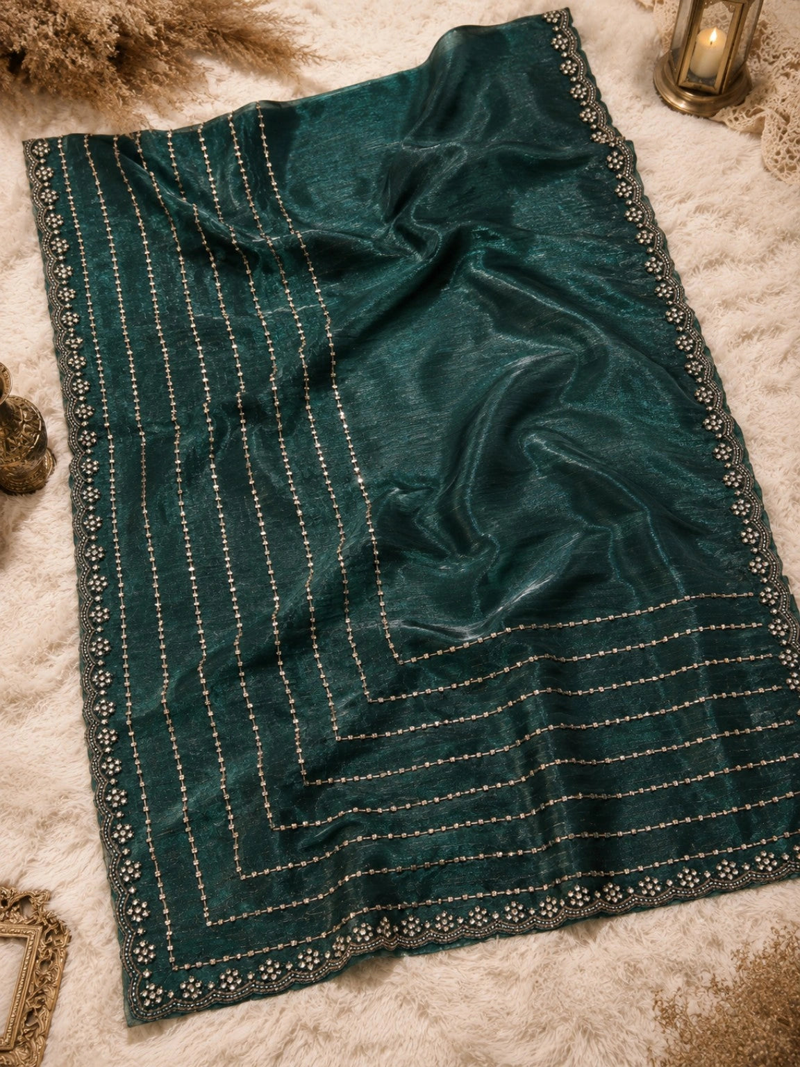 Emerald Teal Soft Zimmy Cho Silk Saree with Crystal Stripe Work & Designer Scalloped Border