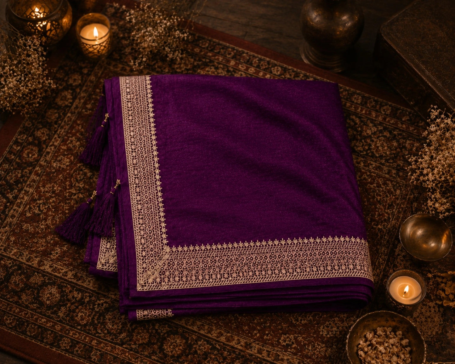 Deep Plum Soft Vichitr Silk Saree with Ornate Gold Border Party Wear Saree