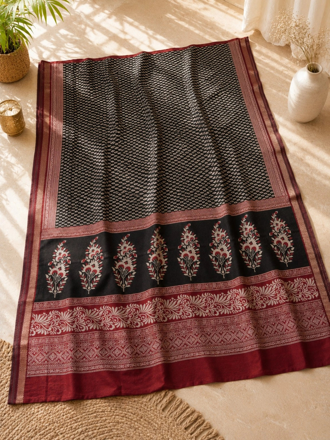 Black & Maroon Chanderi Cotton Saree with Floral Pallu Motifs and Traditional Woven Border