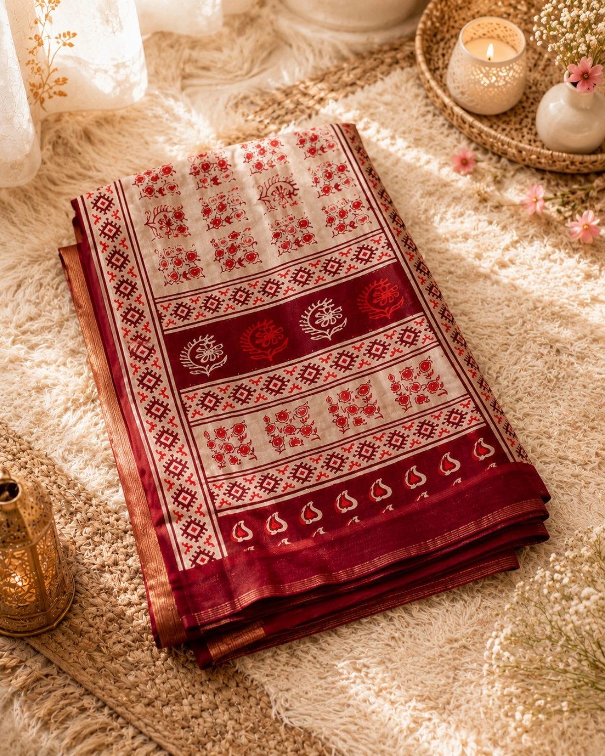 Maroon & Beige Chanderi Cotton Print Saree with Floral Folk Motifs and Ethnic Border Design