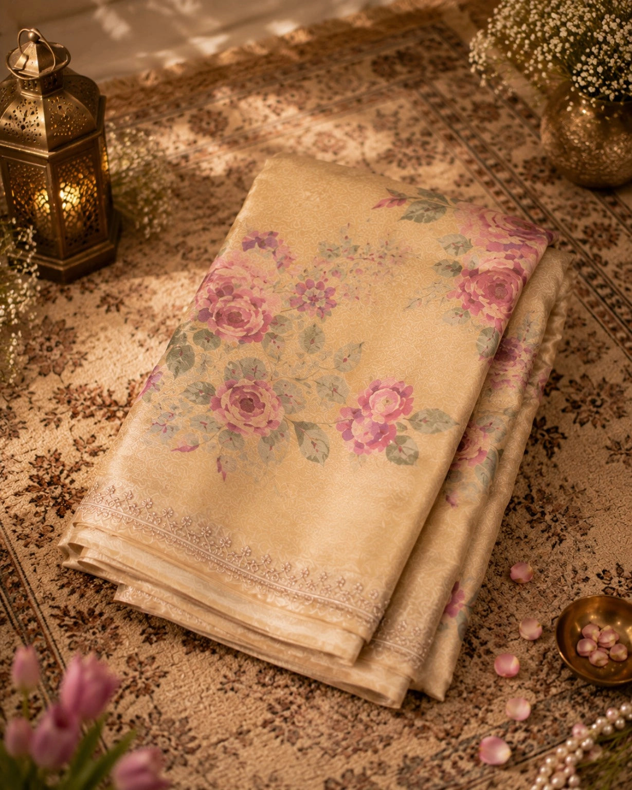 Beige Tussar Boutique Design Floral Printed Saree with Rose Motifs