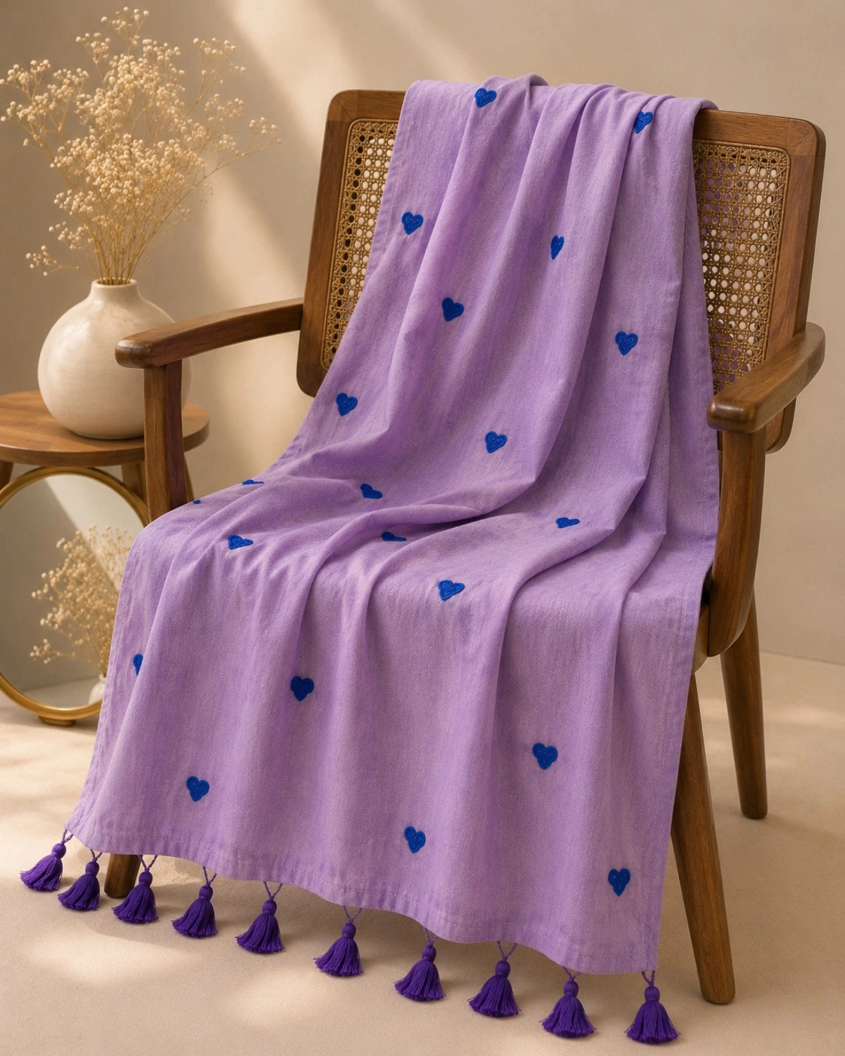Lavender Mul Cotton Embroidery Saree with Royal Blue Heart Motifs & Tassel Pallu