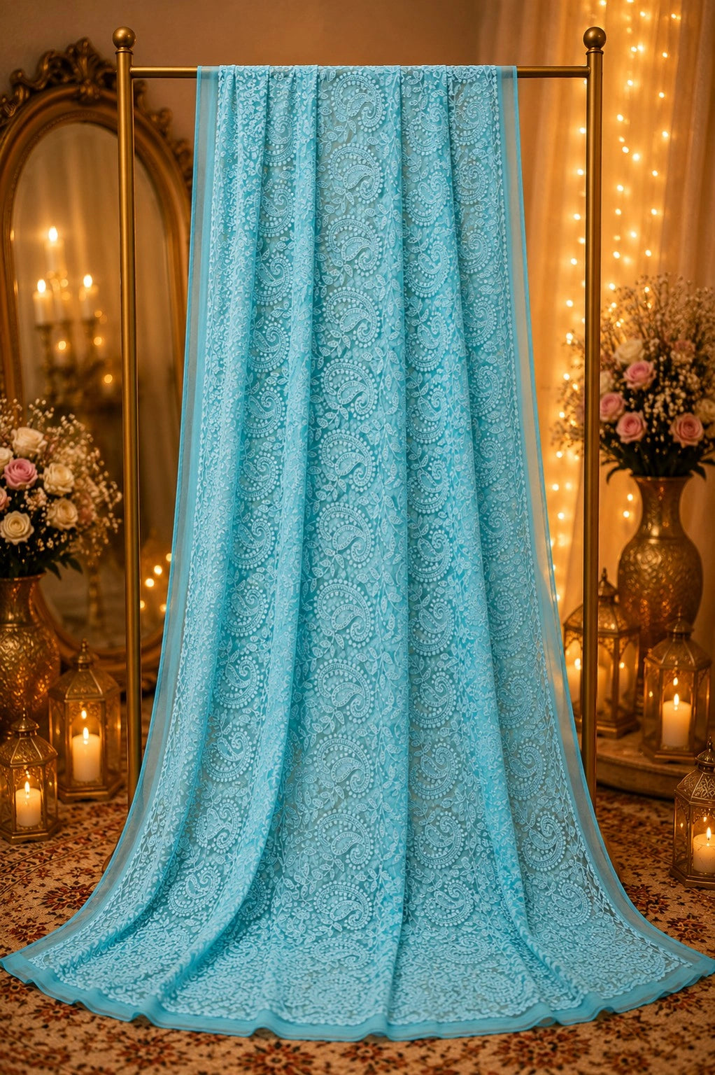 Sky Blue Chikan Embroidered Paisley Saree with Floral Vine Thread Work