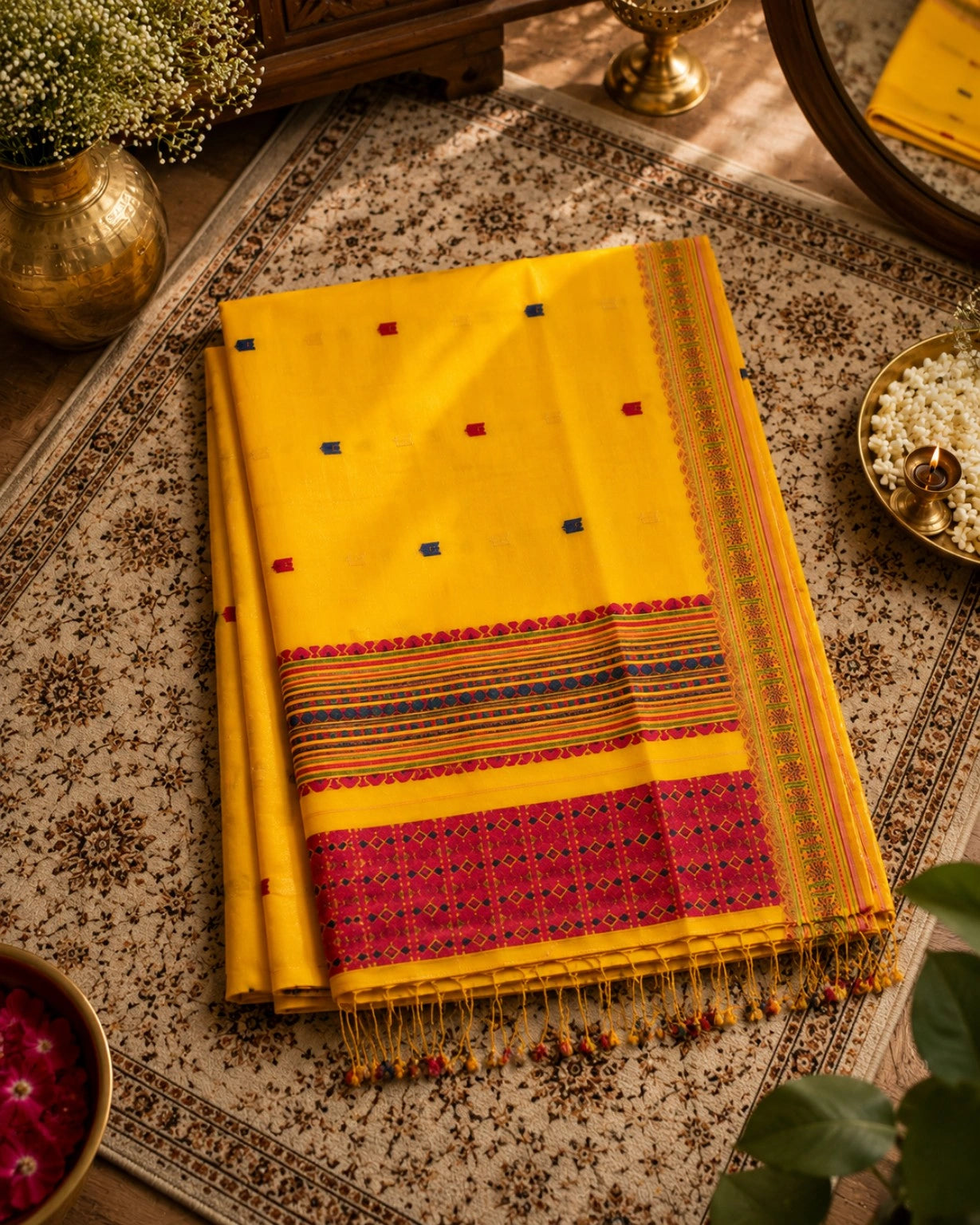Bright Yellow Pure Cotton Handwoven Saree with Multicolor Buti Motifs & Traditional Woven Pallu