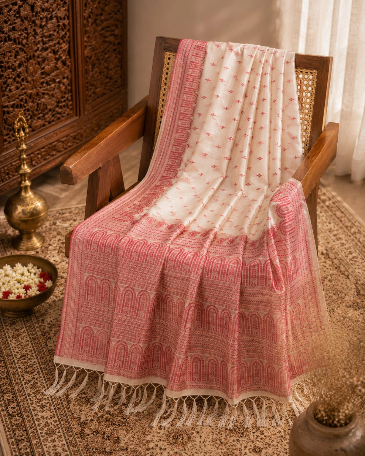 WEVOW Off-White Semi Tussar Embroidery Saree with Red Paisley Border & Heritage Motif Pallu