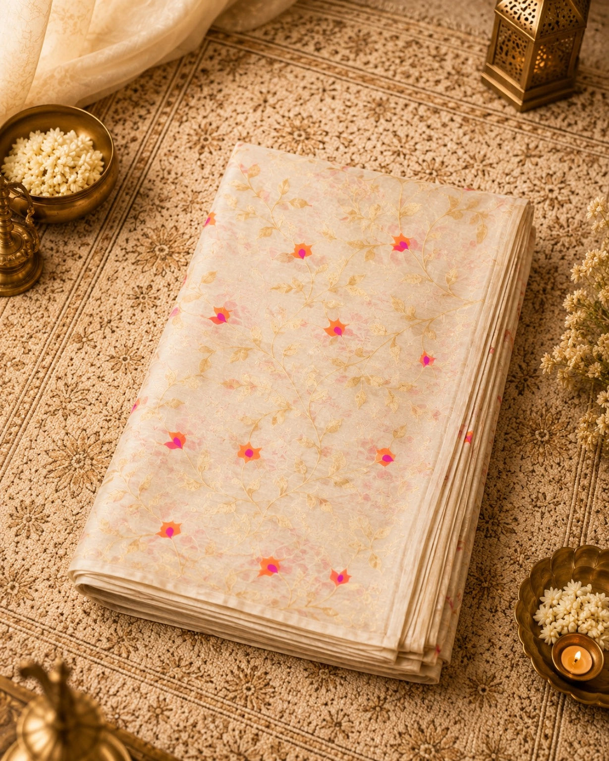 WEVOW Cream Muslin Jamdani Saree with Floral Vine Weave and Pink Orange Buti Accents