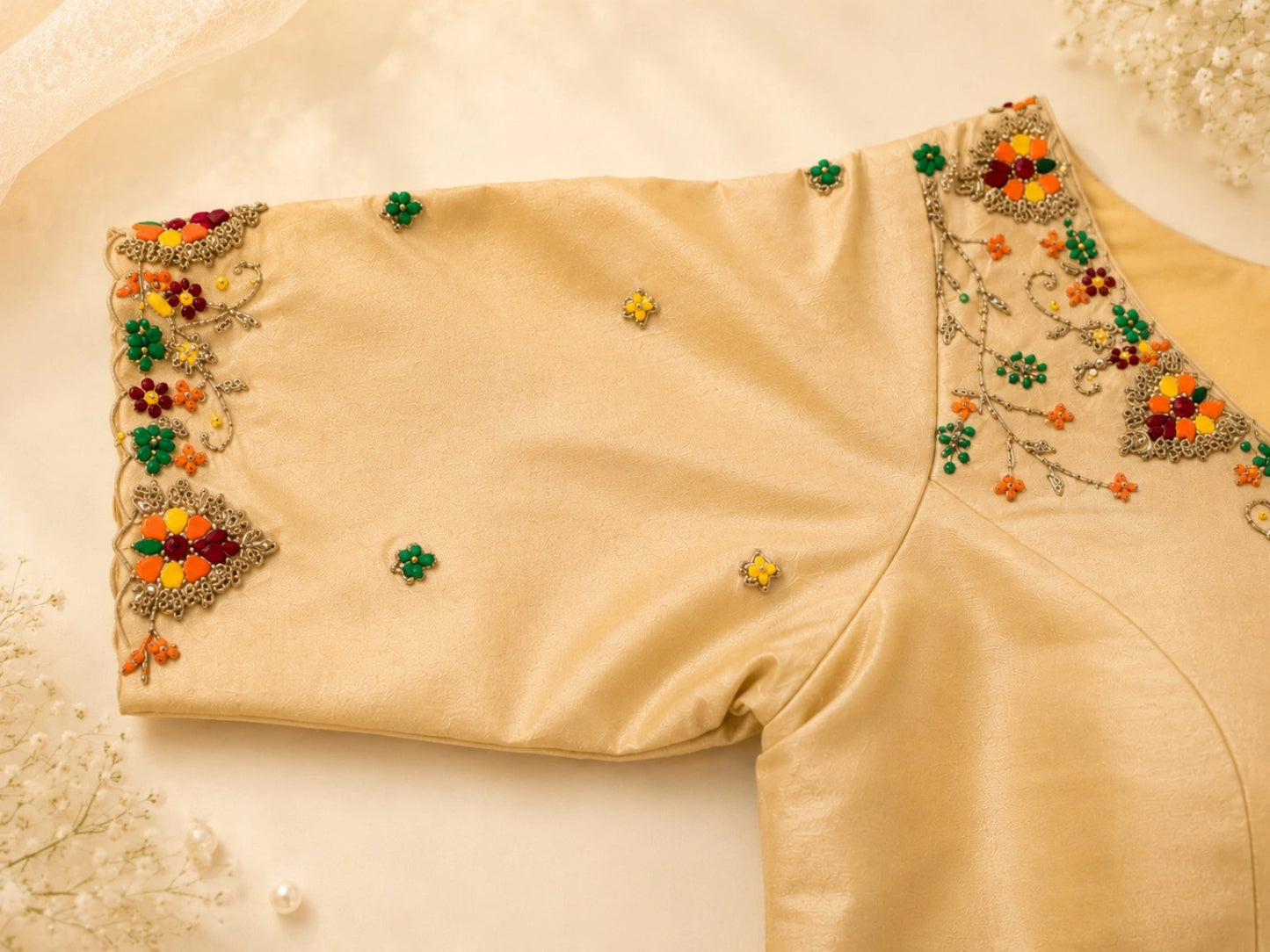 Beige Raw Silk Floral Hand Embroidered Designer Blouse with Multicolor Thread Work