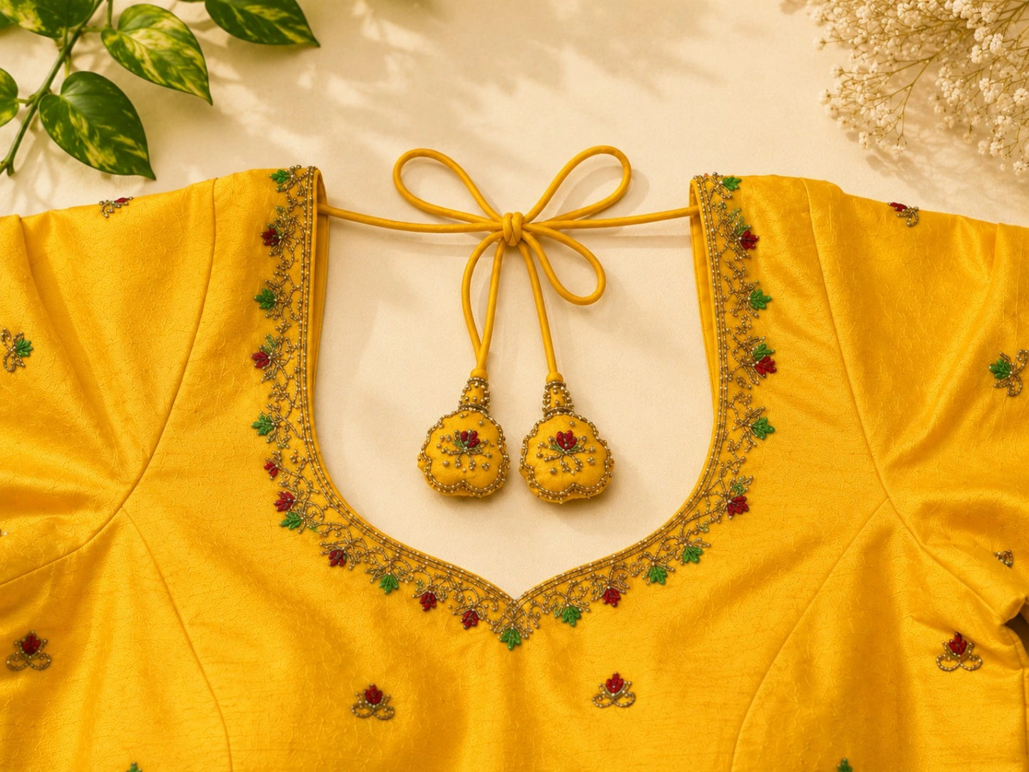 Mustard Yellow Raw Silk Pan Gola Aari Work Blouse with Floral Bird Motif Embroidery