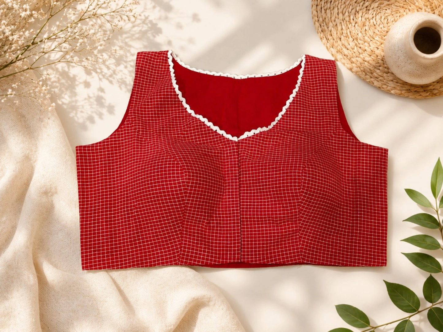 Red Cotton Jacquard Sleeveless Padded Blouse with White Lace Trim