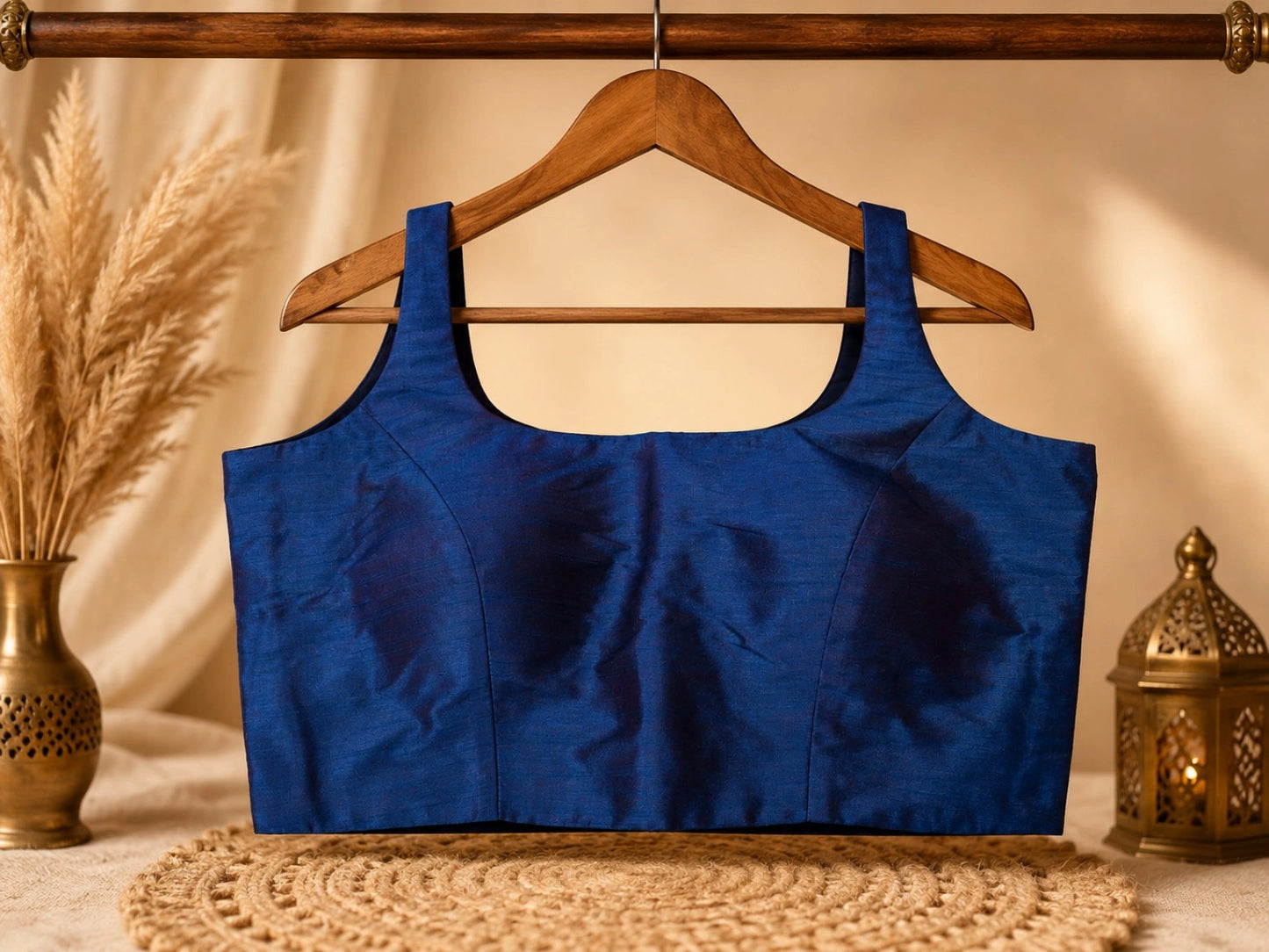 Navy Blue Raw Silk Sleeveless Round Neck Saree Blouse for Festive & Ethnic Wear