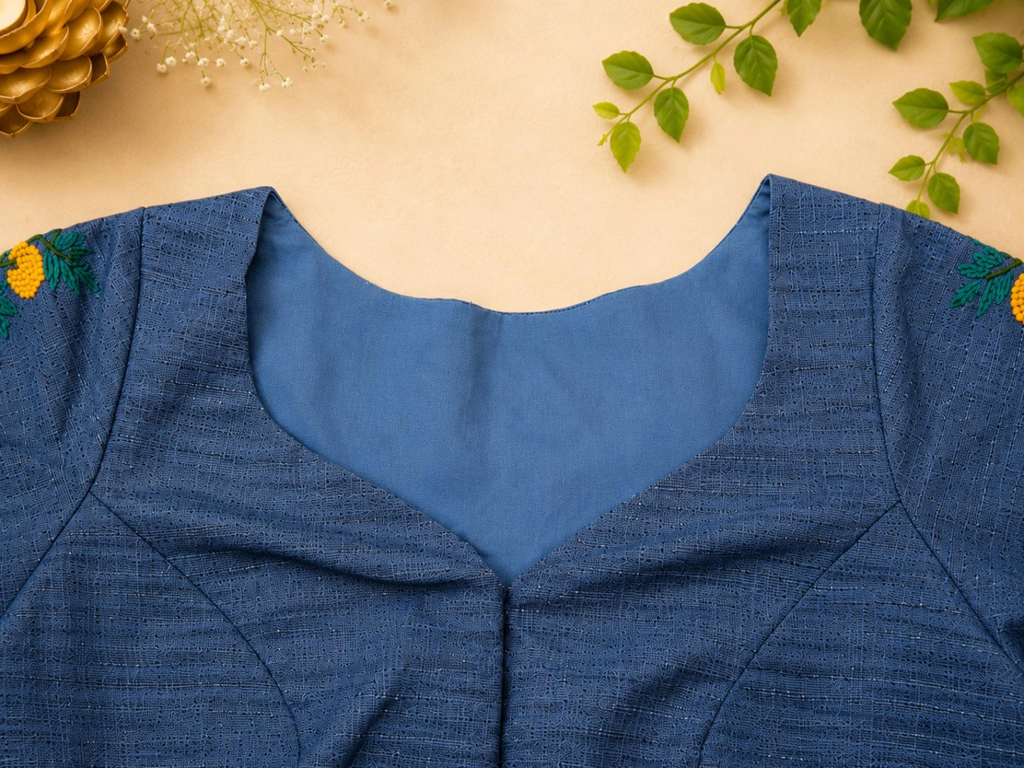Steel Blue Boat Neck Hand Work Glass Embroidered Blouse for Saree
