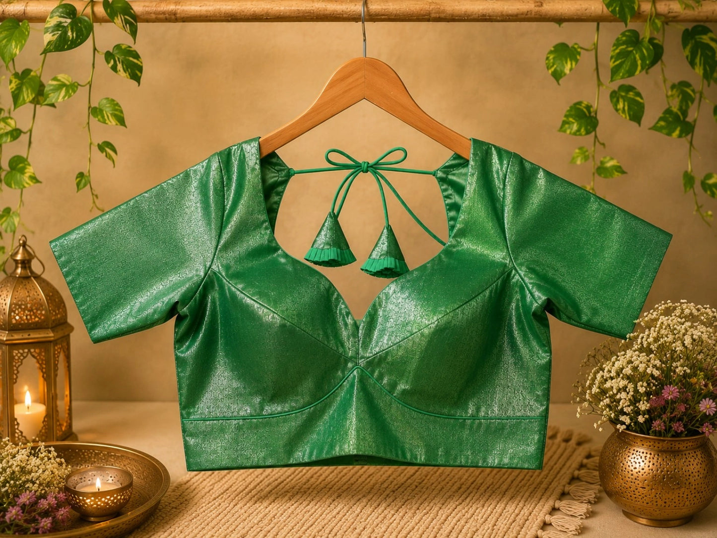 Emerald Green Handloom Tissue Glass Sleeves Designer Blouse for Silk Sarees