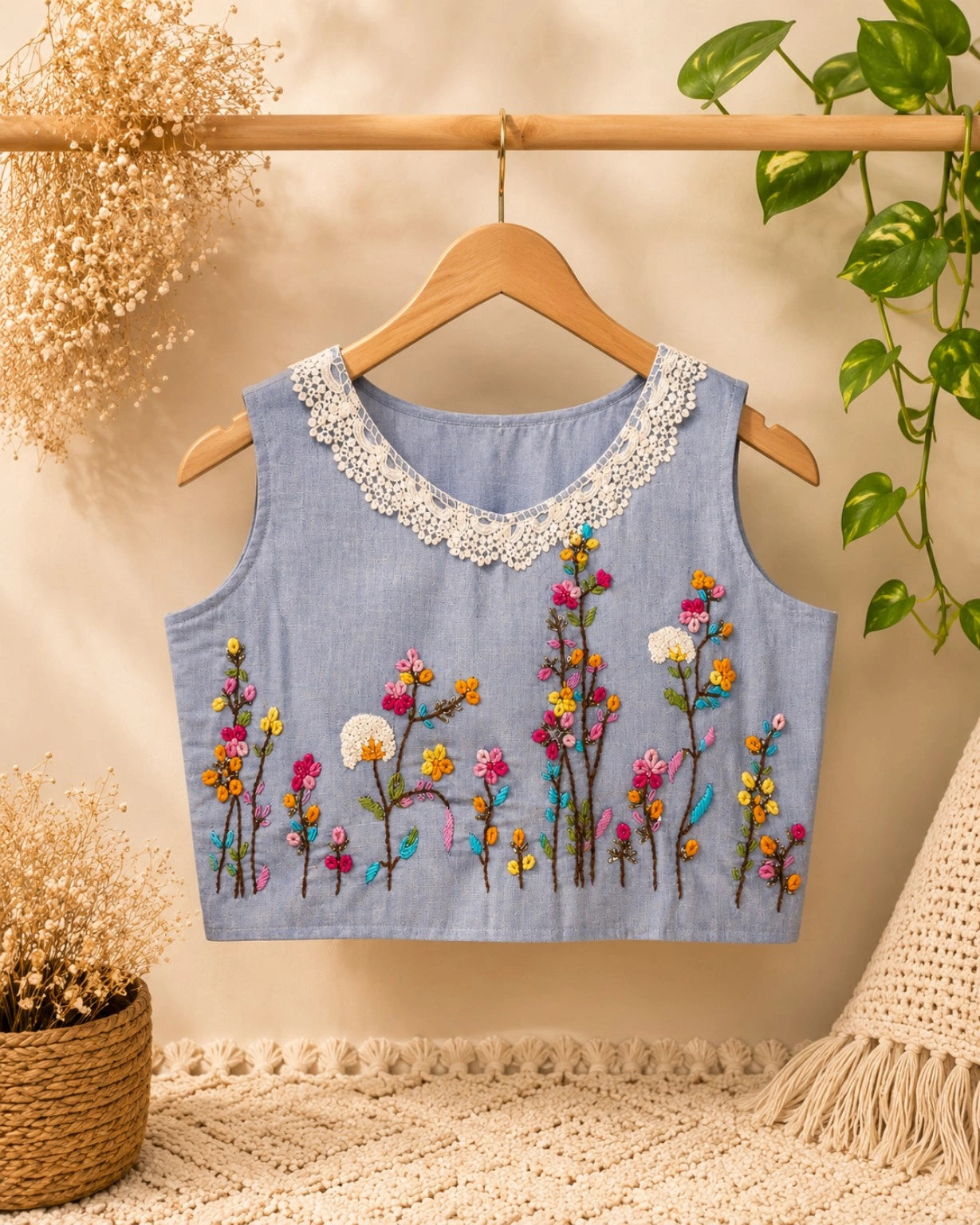 Sky Blue Pure Cotton Air Neck Thread Embroidered Floral Sleeveless Blouse