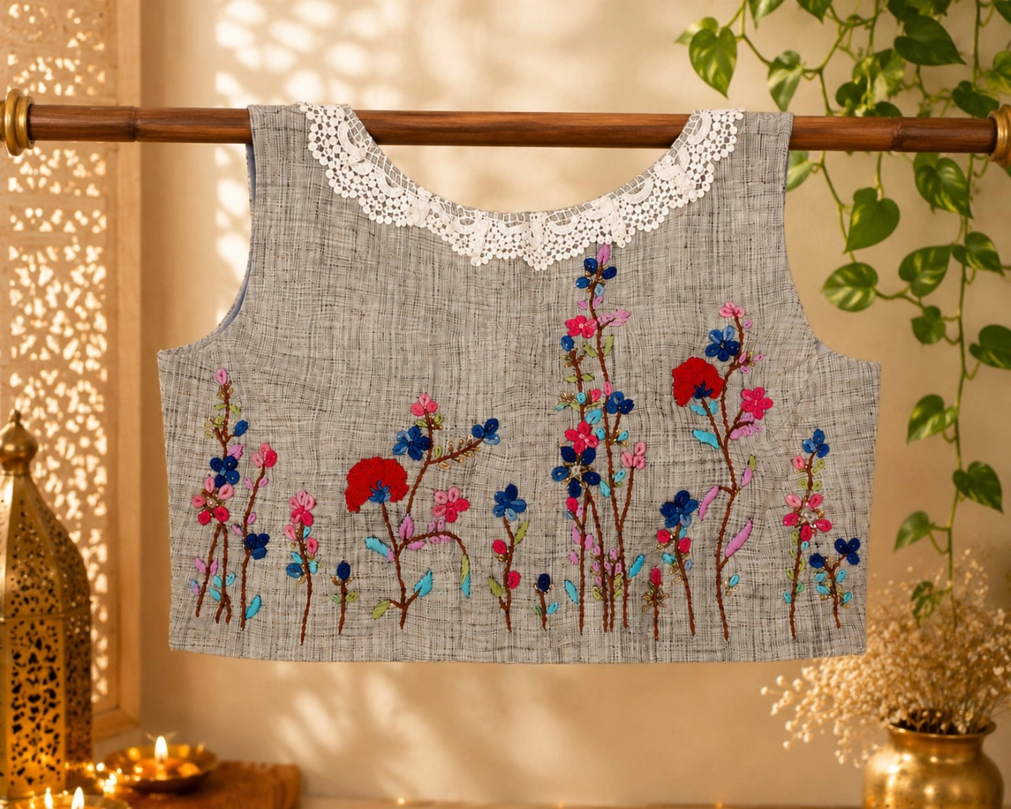 Grey Pure Cotton Air-Neck Floral Embroidered Sleeveless Blouse for Festive & Ethnic Wear