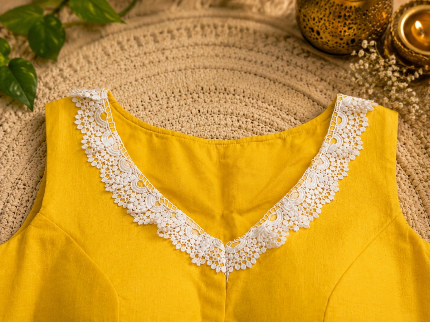 Mustard Yellow Pure Cotton Floral Thread Embroidered Sleeveless Air Neck Blouse