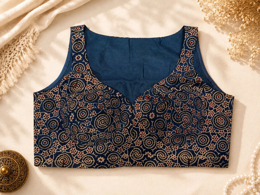 Pure Ajrakh Sleeveless Blue Cotton Blouse with Traditional Circular & Floral Hand Block Print