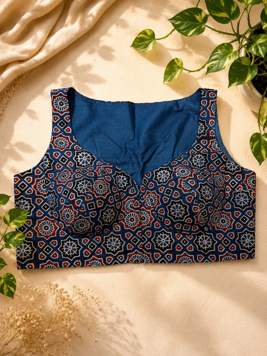 Pure Ajrakh Sleeveless Cotton Blouse Blue Hand Block Print Ethnic Blouse