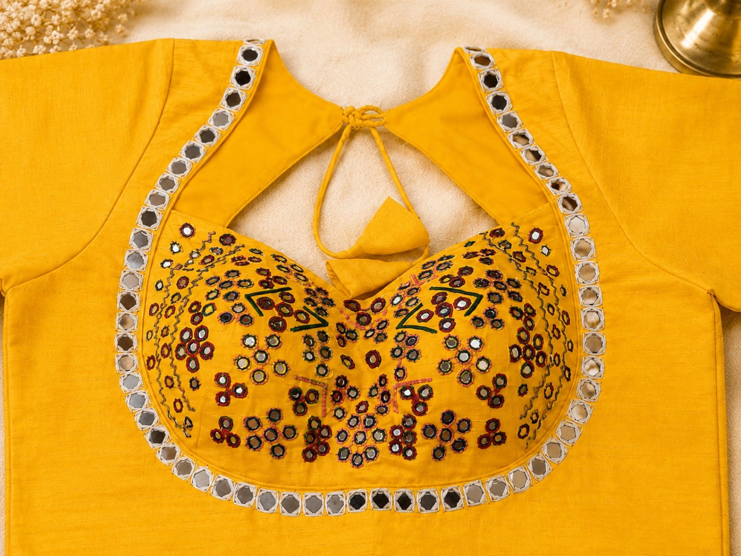 Mustard Yellow Pure Cotton Hand Work Mirror Embroidered Glass Sleeves Blouse