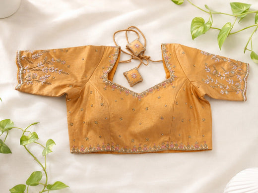 Golden Tissue Ari Work Embroidered Glass Sleeve Designer Blouse for Wedding & Festive Wear