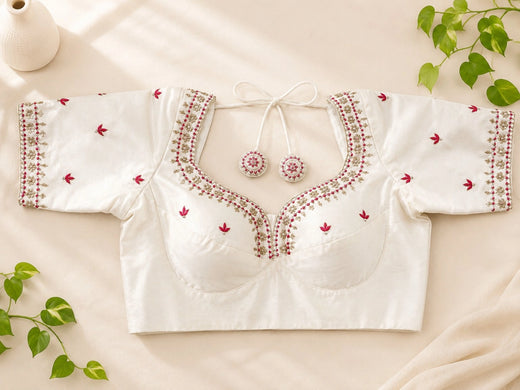 Off White Raw Silk Ari & Zardozi Work Glass Sleeve Designer Blouse for Wedding & Festive Wear