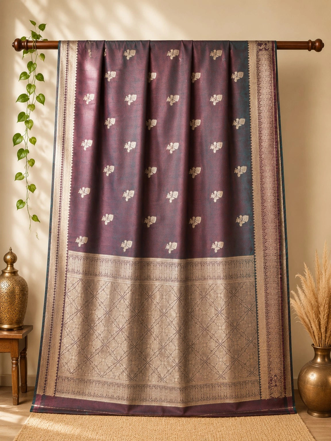 Semi Katan Dual Tone Wine Purple Buta Woven Festive Blouse