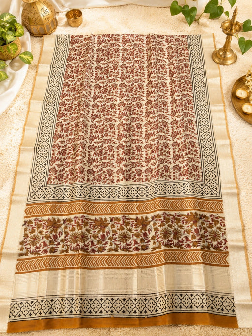 Linen Bagru Print Saree in Beige & Rust Brown with Floral Motifs and Woven Border