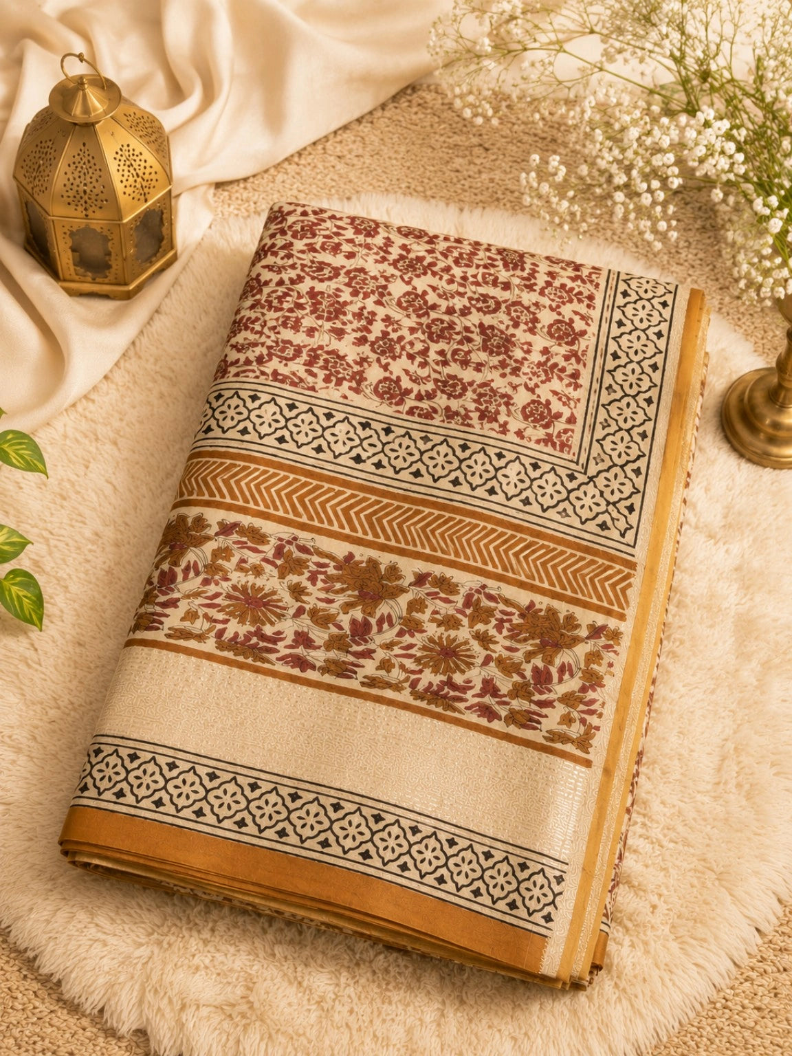 Linen Bagru Print Saree in Beige & Rust Brown with Floral Motifs and Woven Border