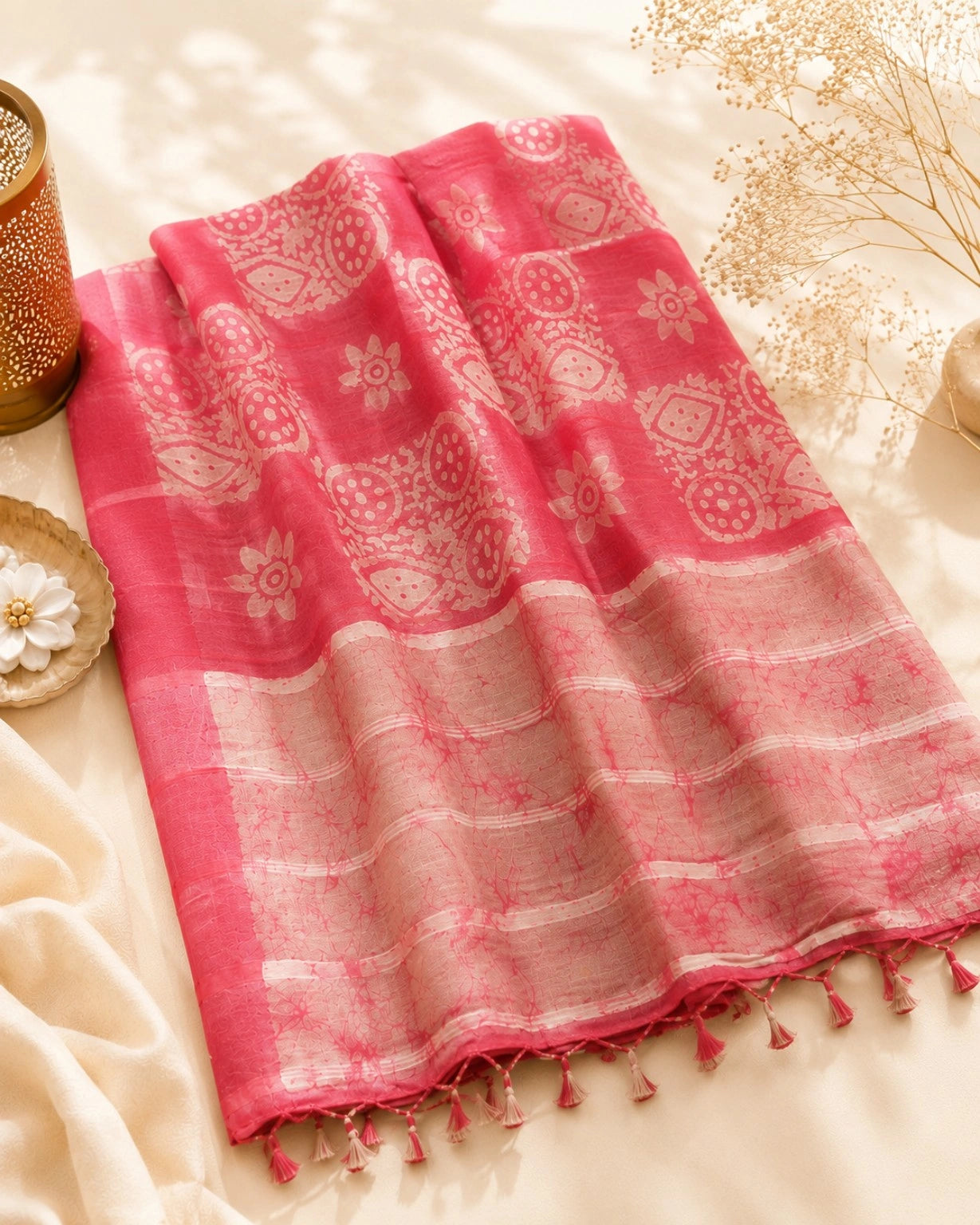 Coral Pink Linen Batik Print Saree with Beige Floral & Geometric Motifs