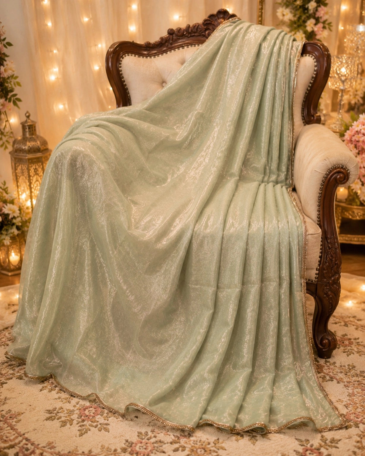 Fandy Crush Saree Mint Green Shimmer Lightweight Party Wear Saree with Elegant Gold Border
