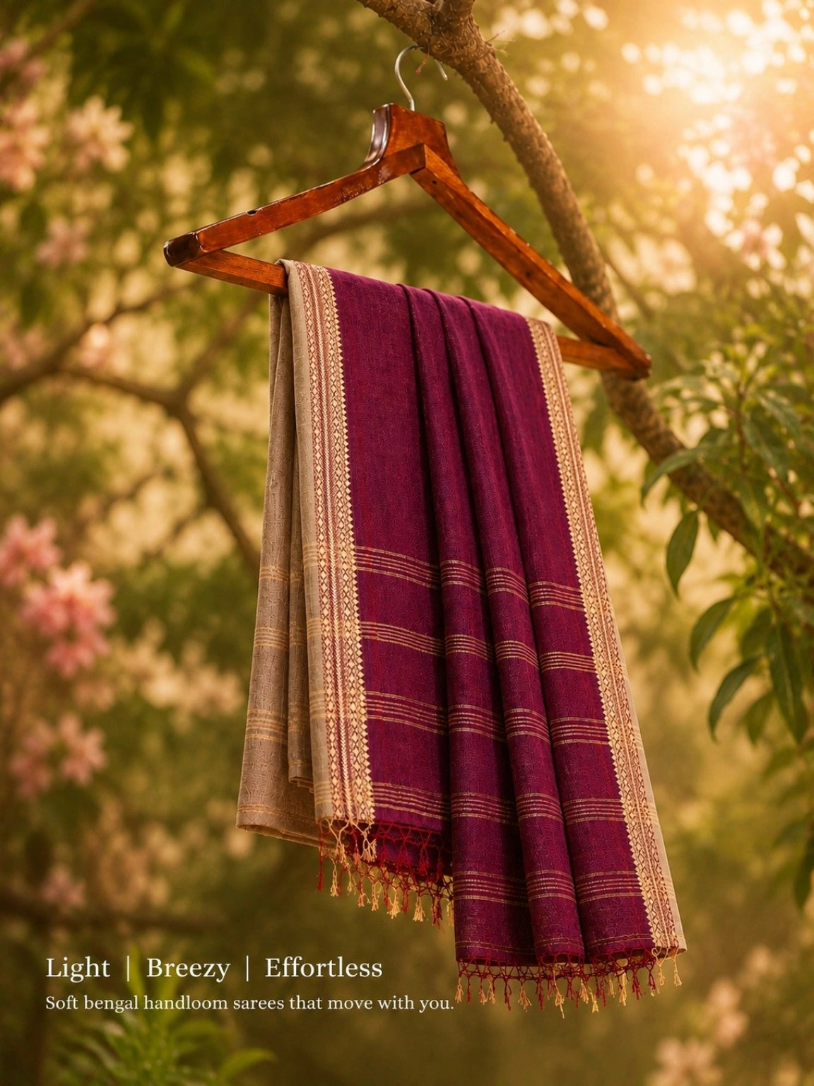 Pure Cotton Handloom Magenta Woven Saree with Gold Zari Border & Tassel Pallu