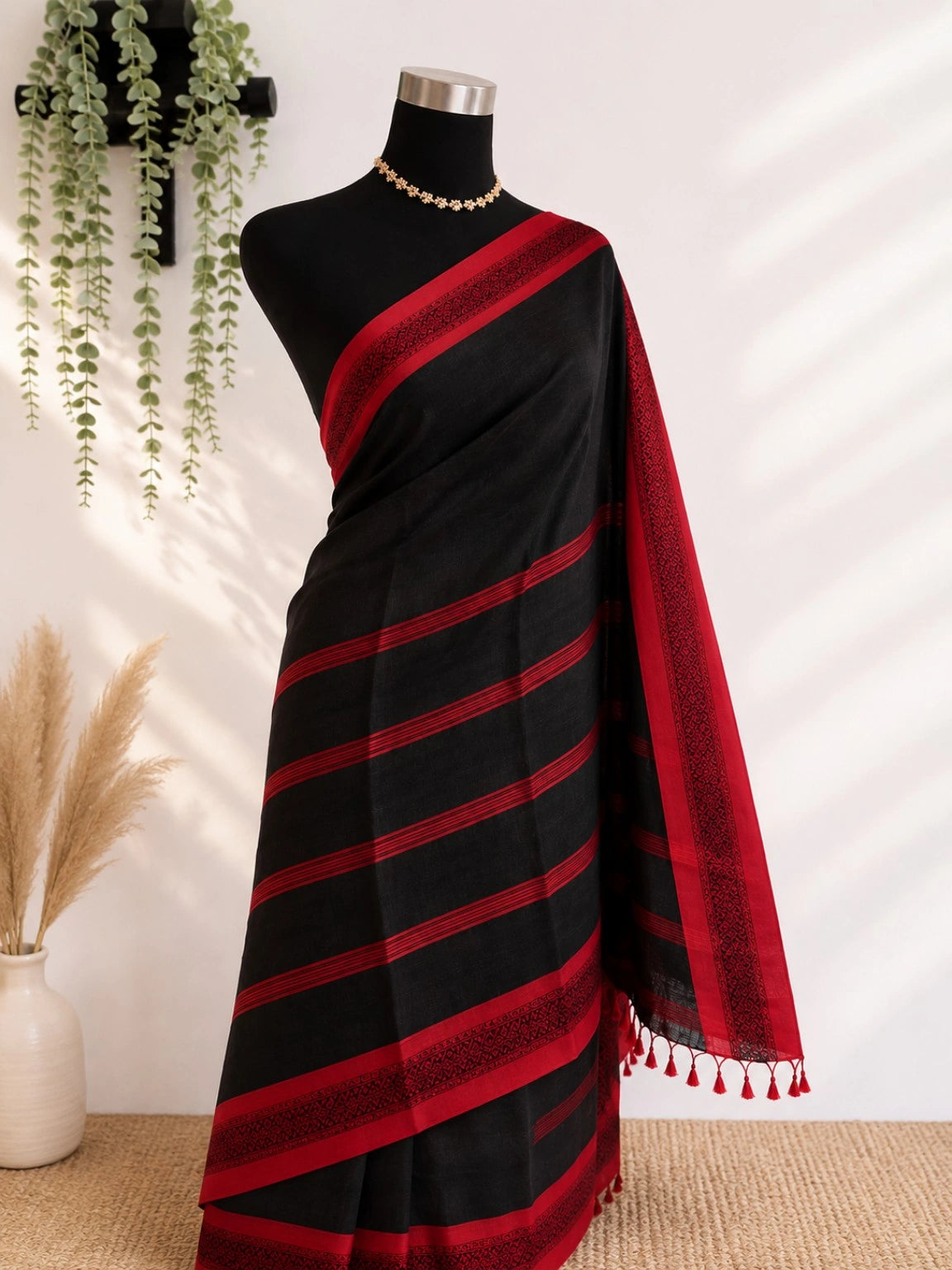 Black Pure Cotton Handloom Saree with Red Woven Border & Tassel Pallu