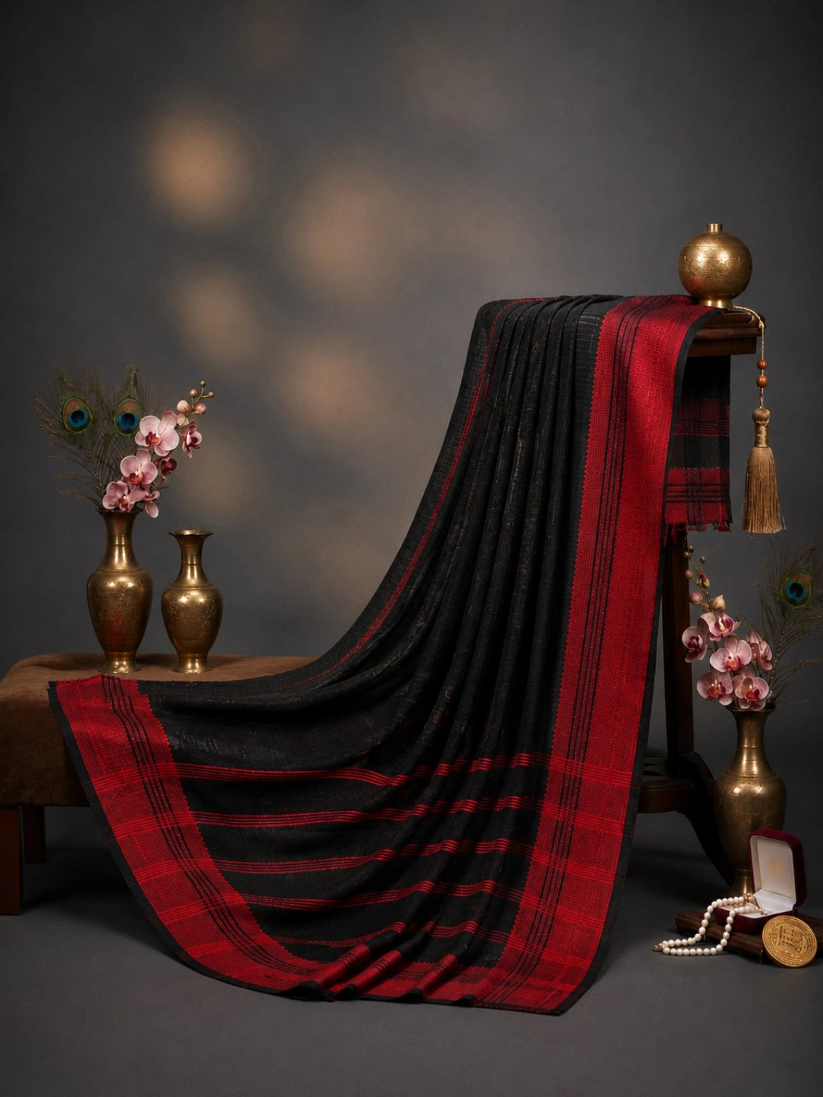 Black Pure Cotton Handloom Saree with Red Woven Border & Striped Pallu