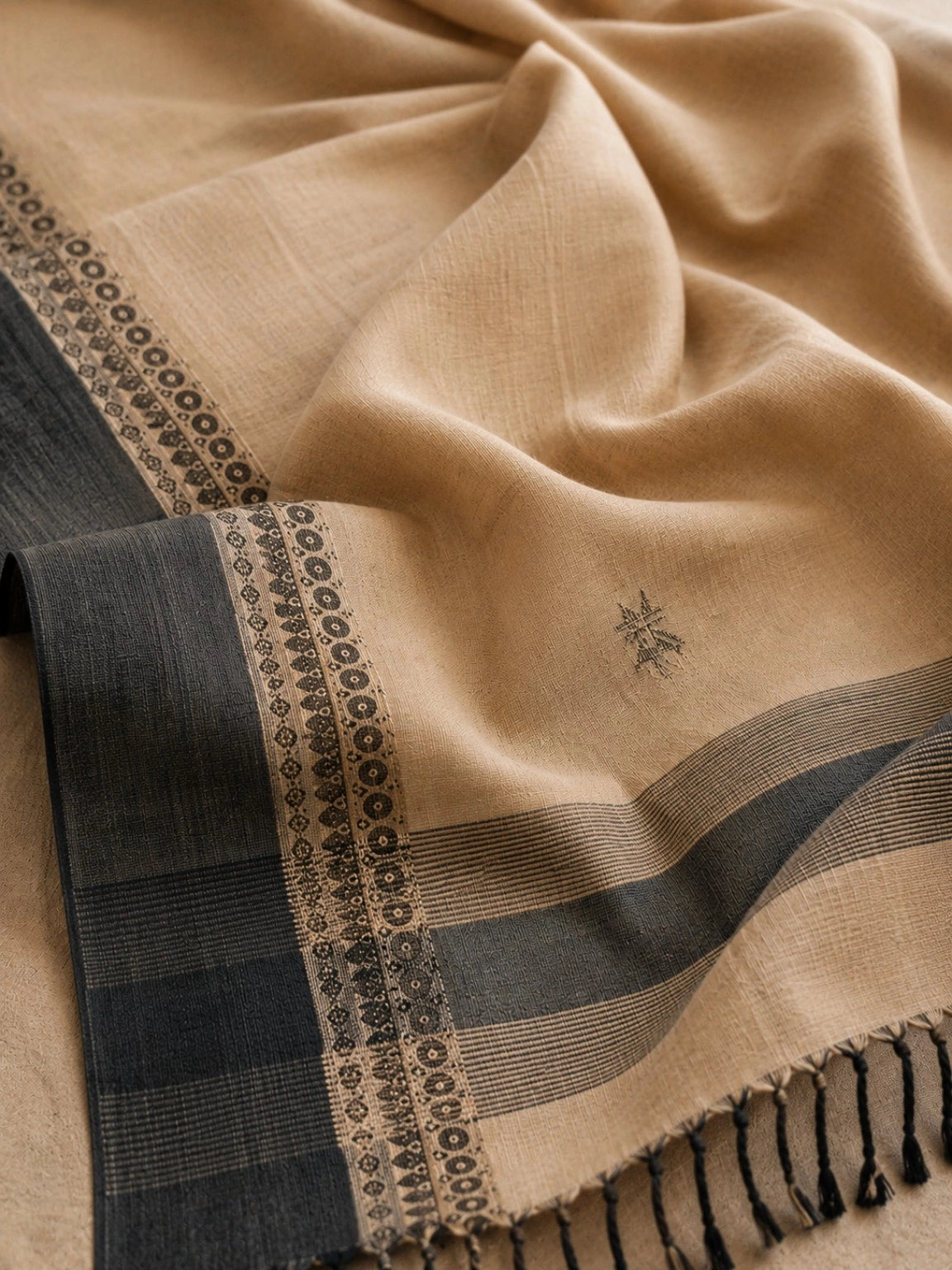 Pure Cotton Handloom Ghee Beige Saree with Black Woven Designer Border