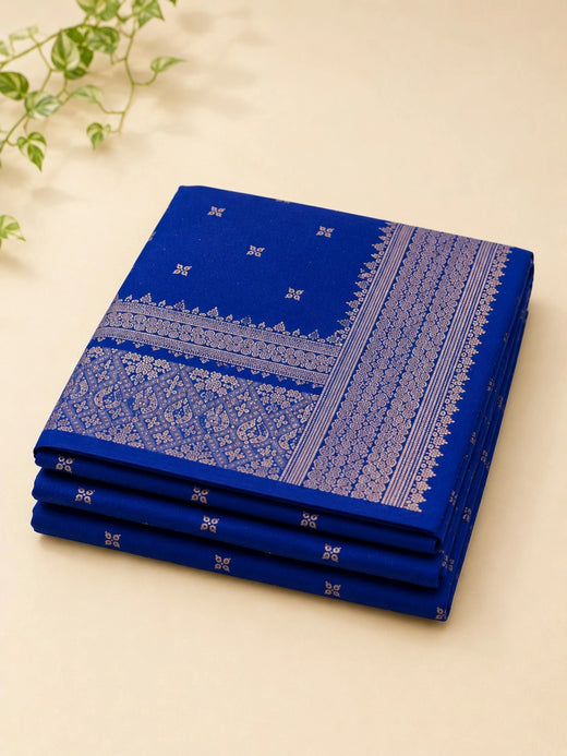 Royal Blue Semi Katan Silk Saree with Silver Woven Zari Border & Traditional Pallu