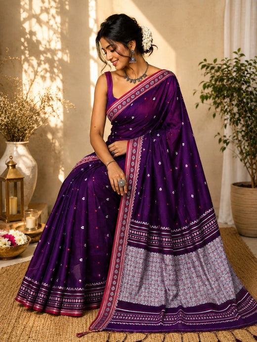 Pure Cotton Purple Handwoven Saree with Geometric Woven Border and Traditional Motifs
