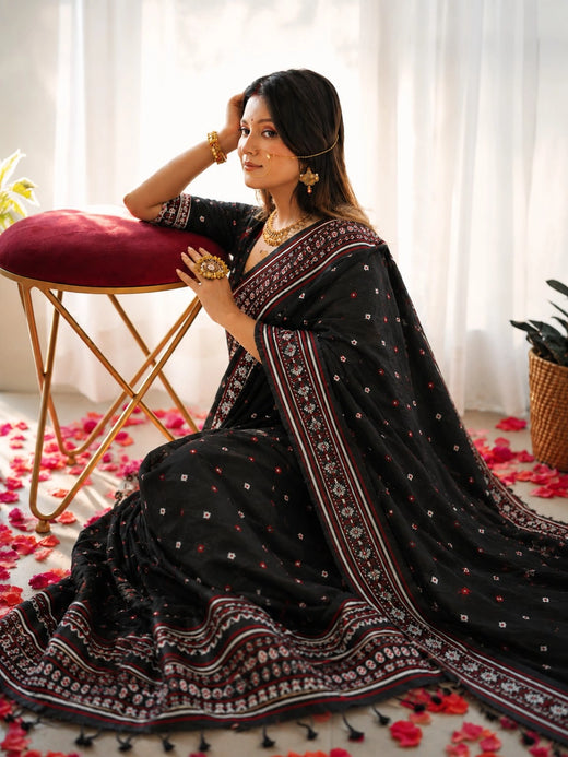 Pure Cotton Weaving Saree in Black with Red & White Geometric Woven Border