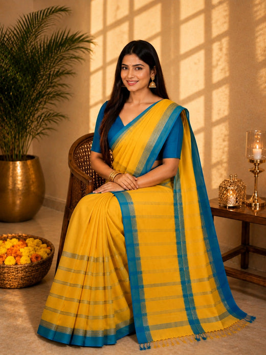 Yellow Pure Cotton Handloom Saree with Blue Woven Border and Striped Pallu