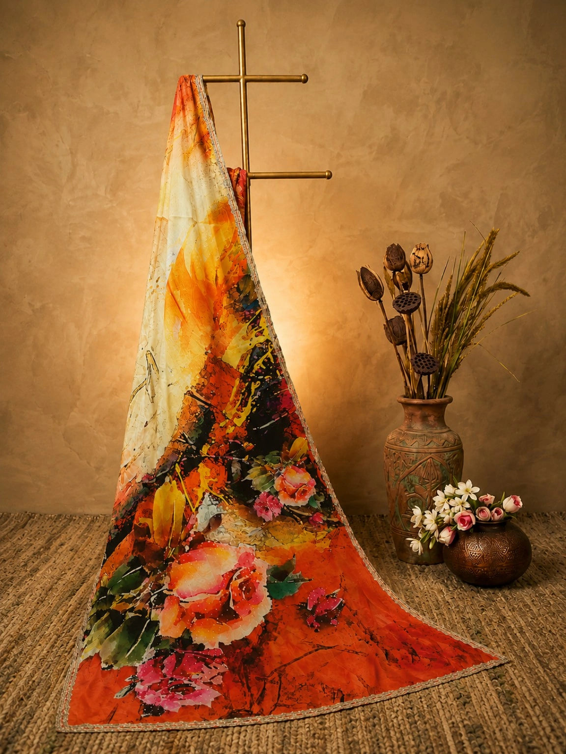Pure Crepe Designer Print Saree with Abstract Floral Watercolor Pattern and Elegant Silver Border