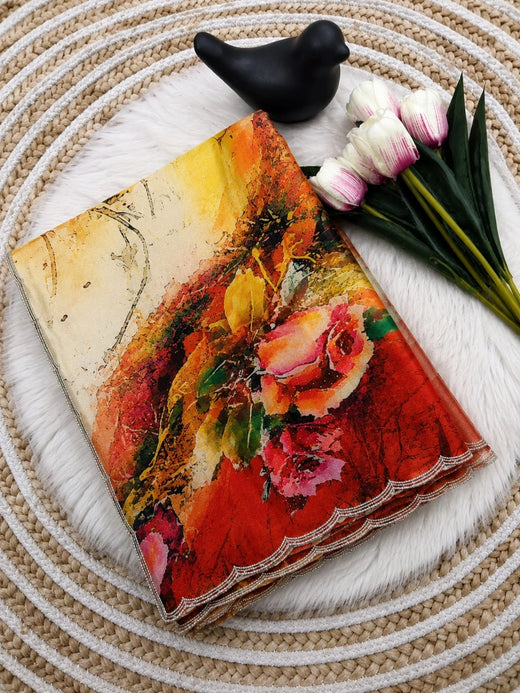 Pure Crepe Designer Print Saree with Abstract Floral Watercolor Pattern and Elegant Silver Border