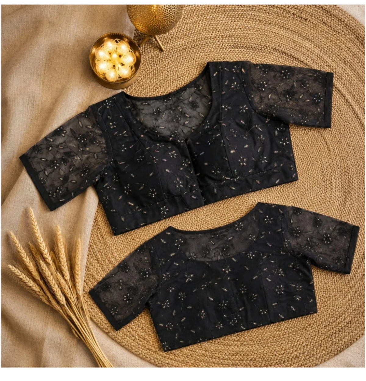 Black Organza Sequin Embroidered Sweetheart Neck Designer Blouse with Sheer Half Sleeves