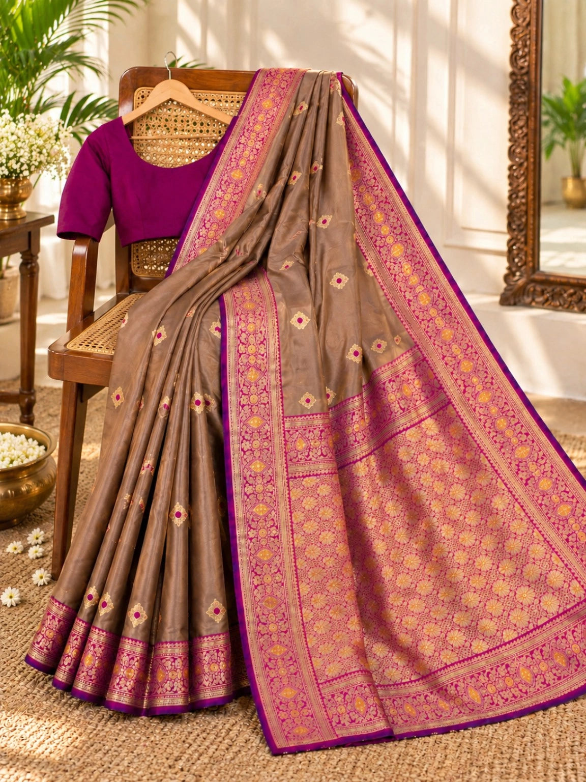 Semi Katan Silk Big Buta Kanji Saree in Brown with Magenta Gold Zari Border