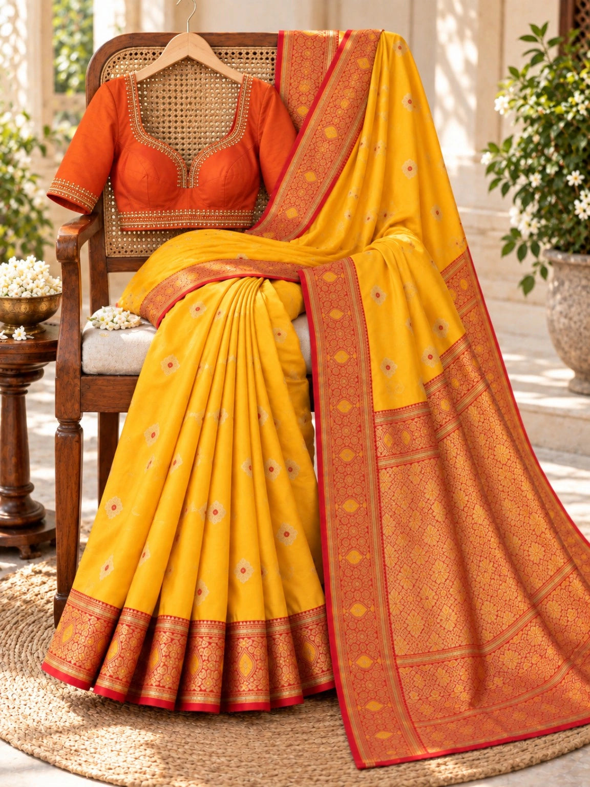 Mustard Yellow Semi Katan Big Buta Saree with Red Gold Woven Brocade Border