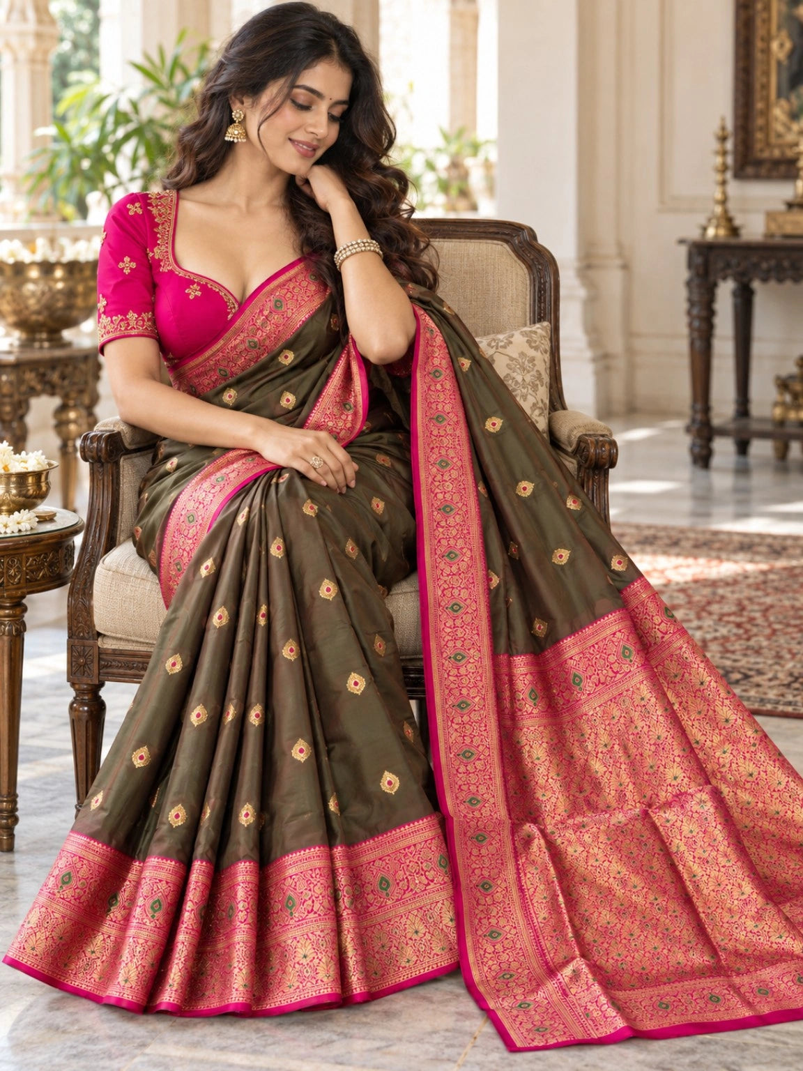 Semi Katan Silk Dark Olive & Rani Pink Big Buta Zari Saree with Ornate Woven Border
