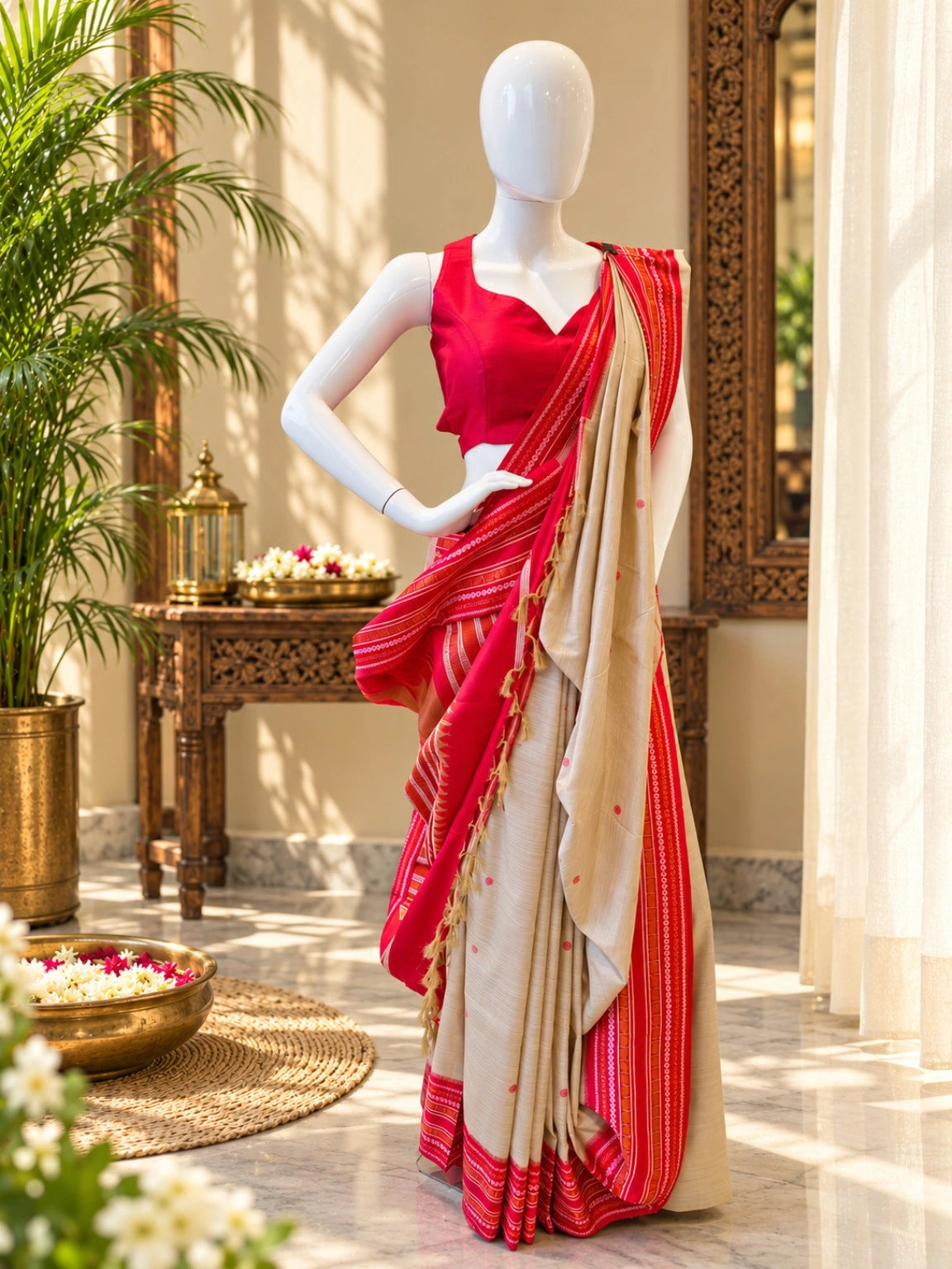 Cream & Red Assam Silk Saree with Traditional Woven Border and Buti Motifs