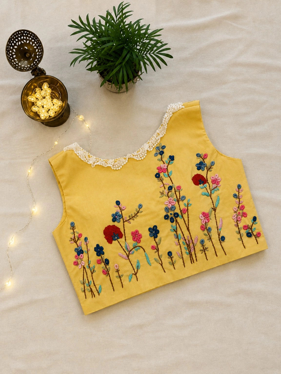 Yellow Pure Cotton Air Neck Thread Embroidered Floral Sleeveless Blouse