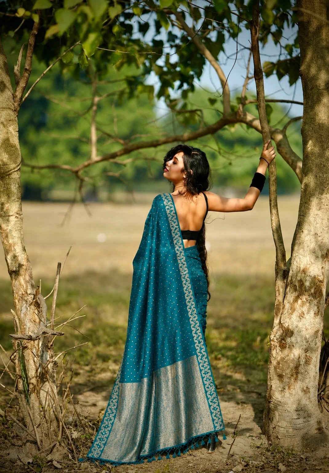 Teal Blue Satin Mashru Silk Saree with Silver Woven Border & Buti Design Elegant Festive Ethnic Wear