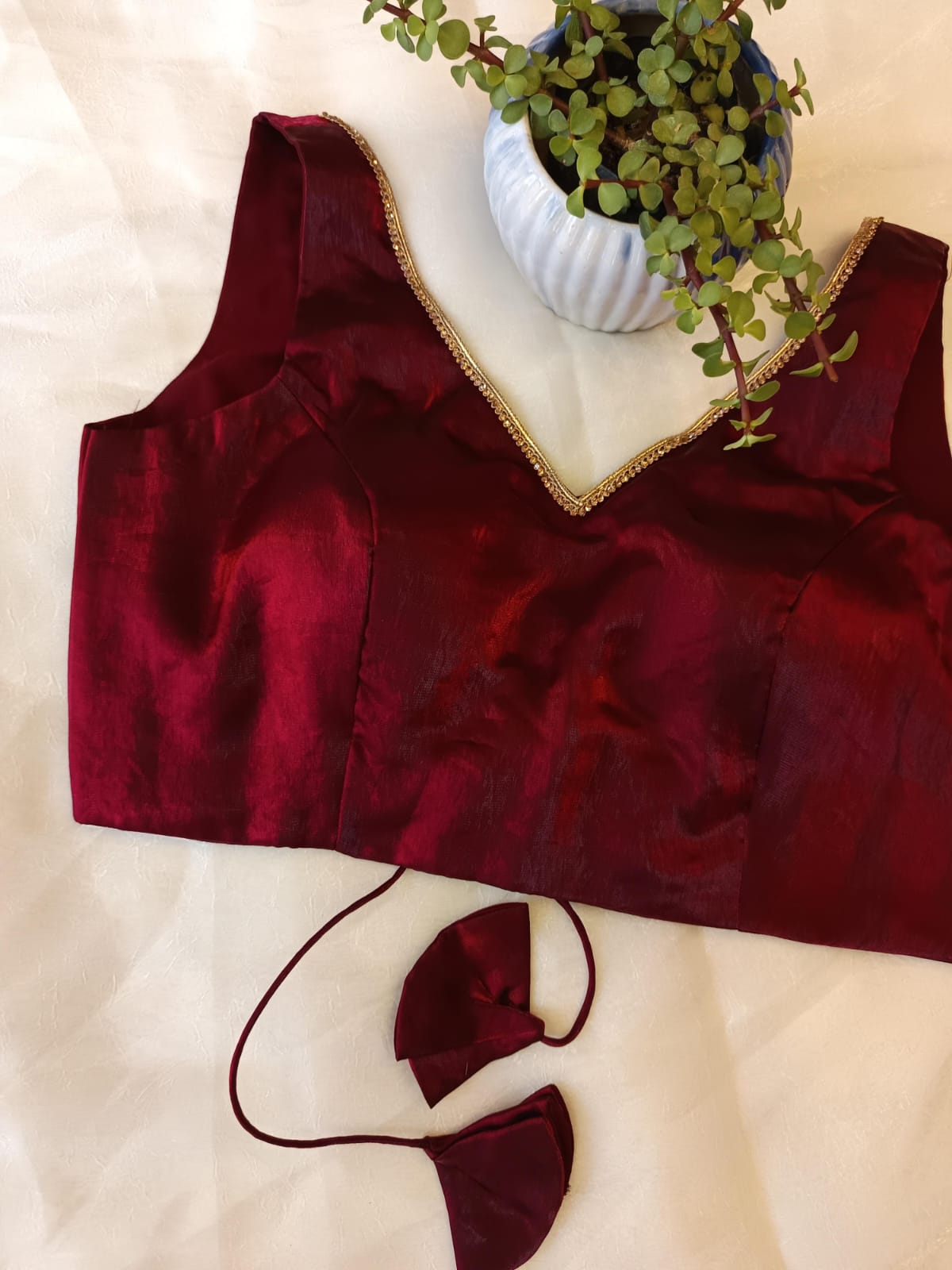 Wine Silk Backless Blouse – Sleeveless V Neck Padded Blouse for Women
